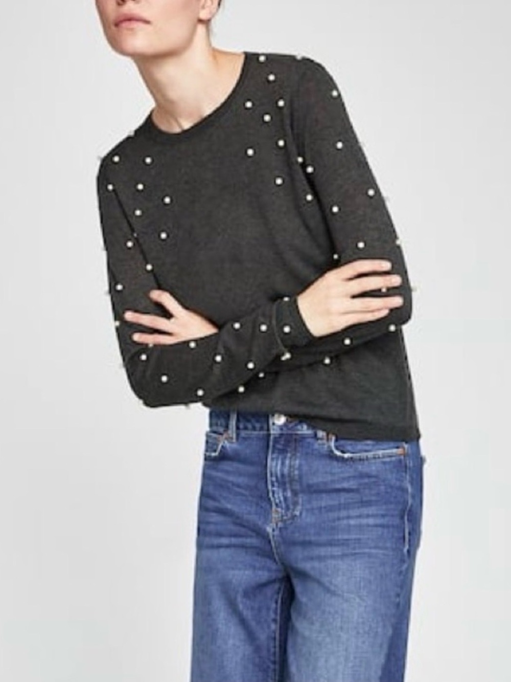 Zara Dark Grey Faux Pearl Beaded Knit Crewneck Sweater Medium
